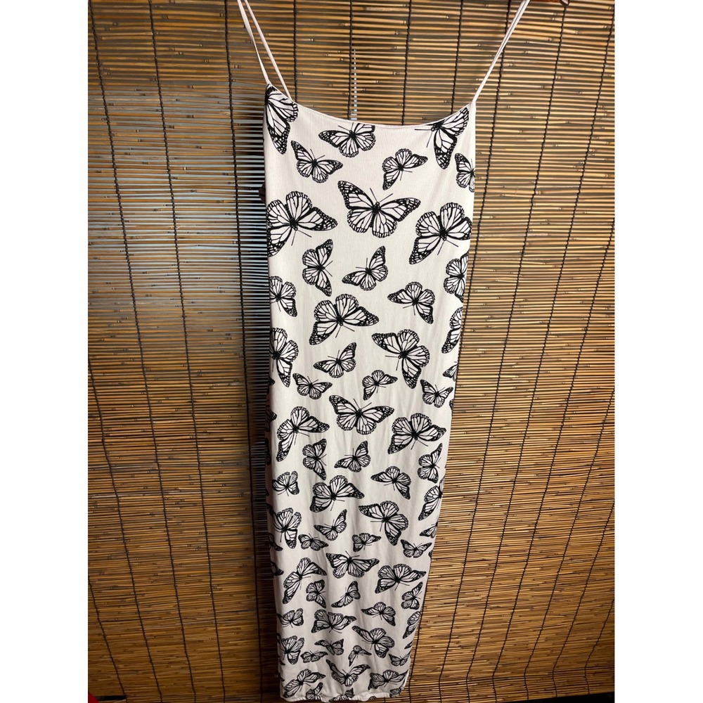 Justify Womens Butterfly Print Maxi Dress White Black Ribbed Knit Side Slit L